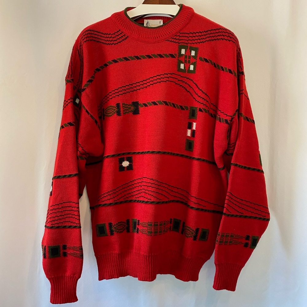 Vintage London Fog Red Patterned Wool Blend Grandpa Fisherman Sweater Men's LG